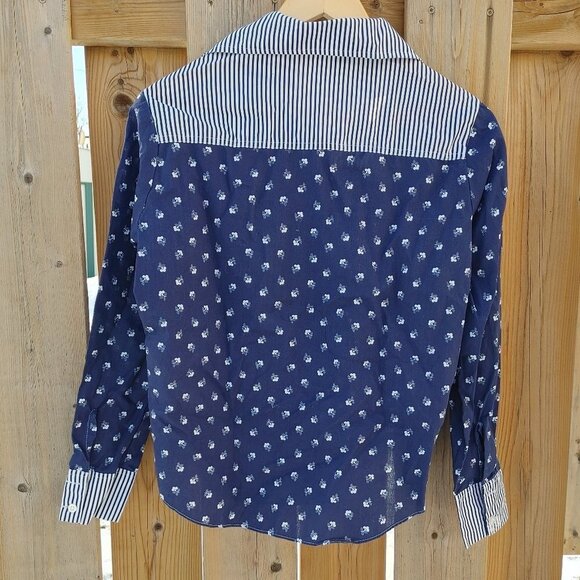 Vintage Permanent Press Blouse Size 38 Floral Stripe Navy Pattern - Picture 4 of 6
